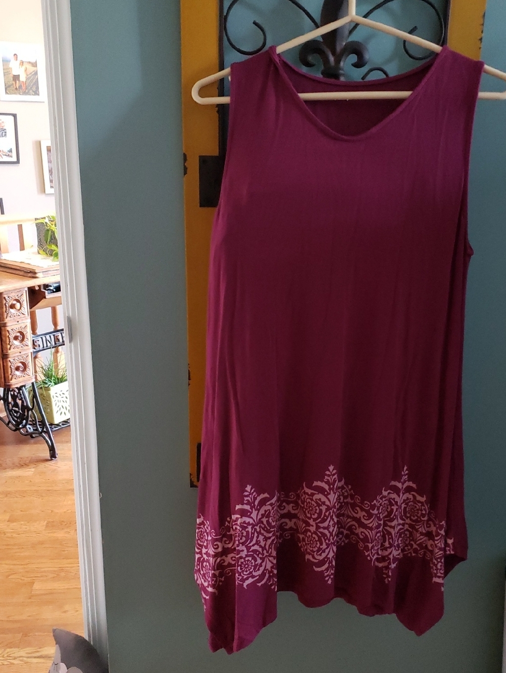 Sleeveless Asymmetrical Hem Dress in Deep Berry with Printed Border